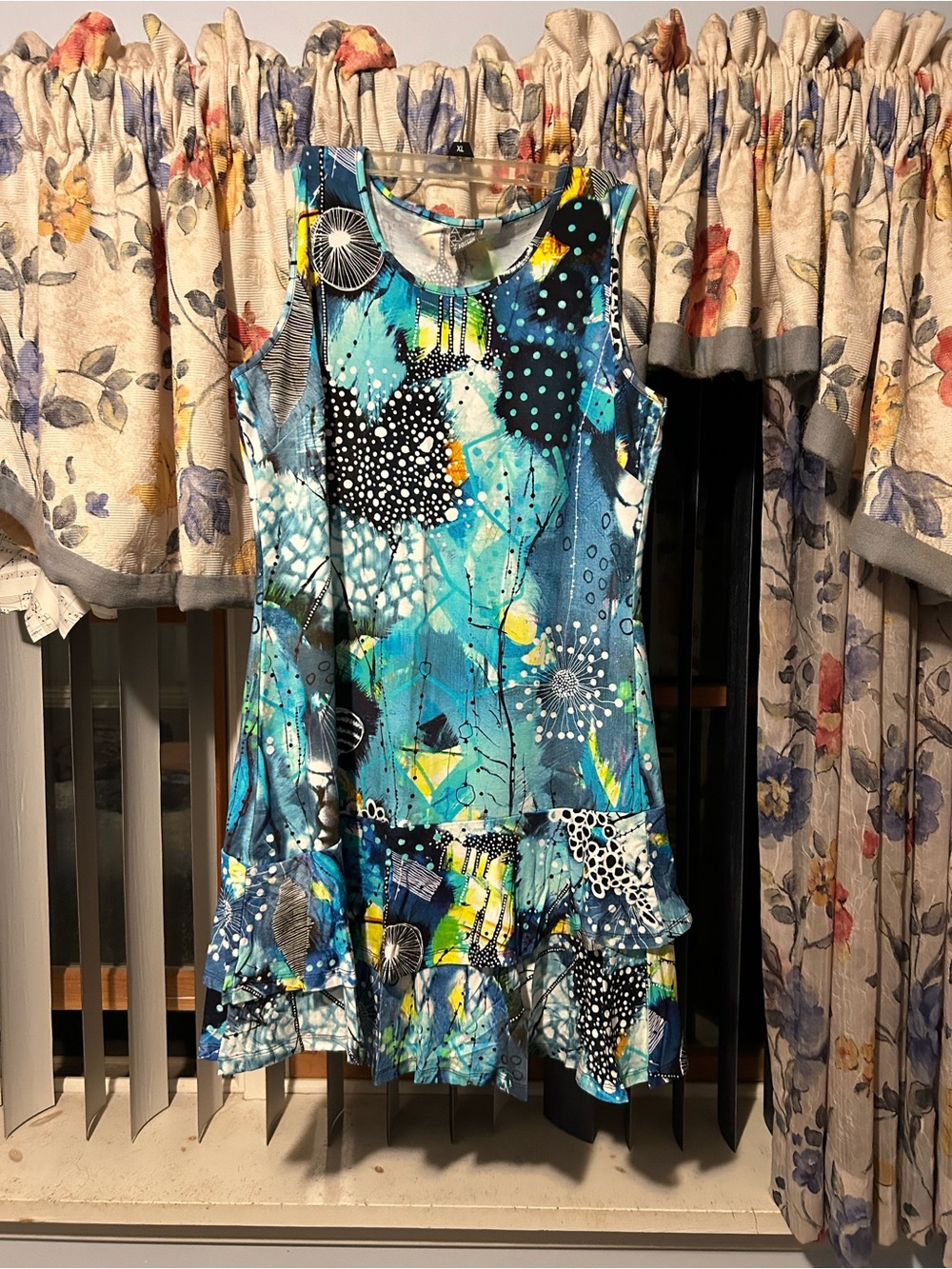 Abstract Blue Sleeveless Ruffle-Hem Mini Dress